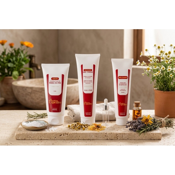 Kit de Bem-Estar Santo Expedito: Sabonete, Creme de Pés e Bálsamo Relaxante