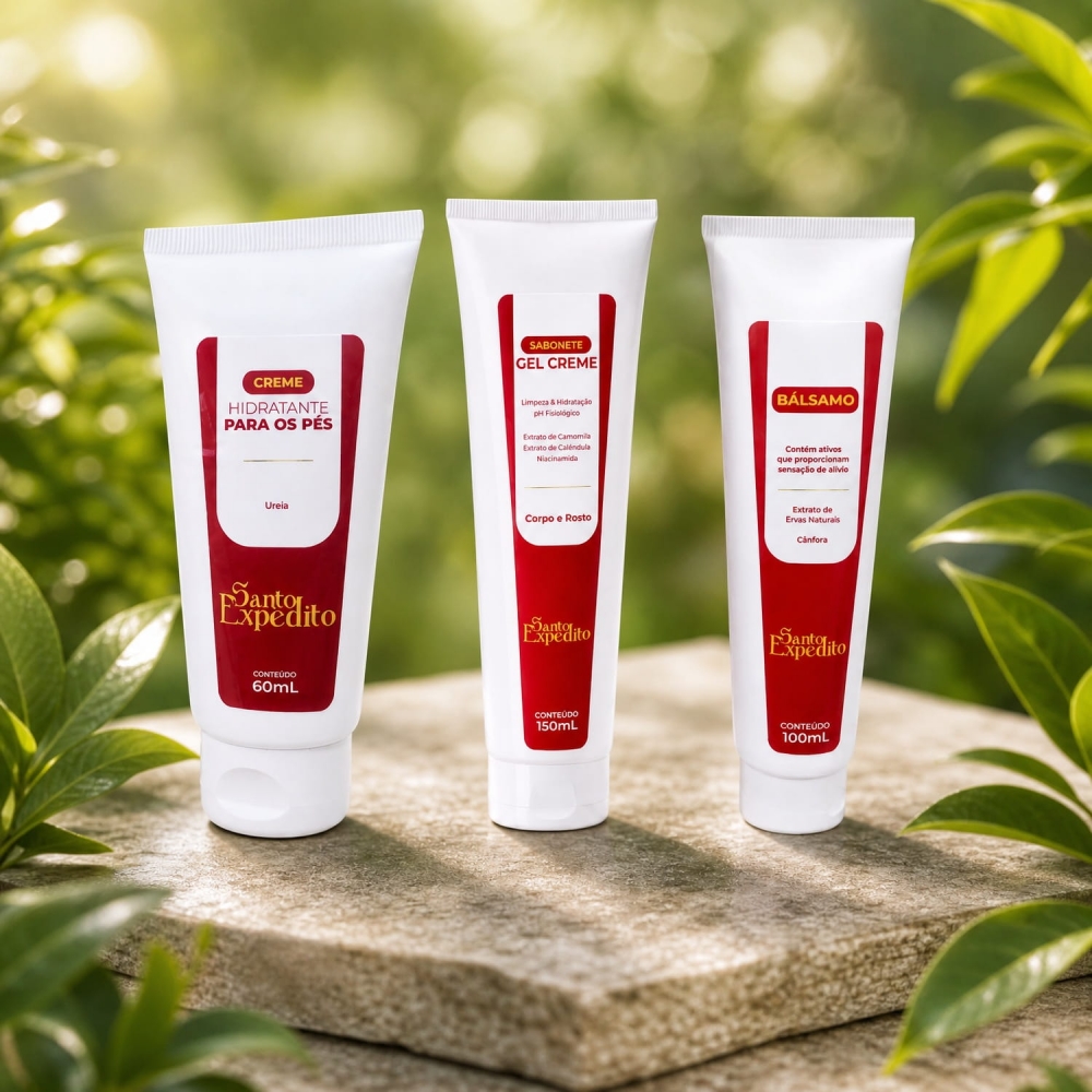 Kit de Bem-Estar Santo Expedito: Sabonete, Creme de Pés e Bálsamo Relaxante